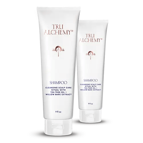 TruAlchemy Shampoo cleansing scalp care ritual with tea tree oil and willow bark extract, two white tubes in different sizes