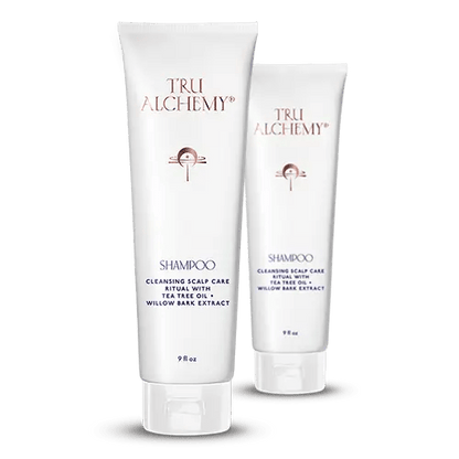 TruAlchemy Shampoo cleansing scalp care ritual with tea tree oil and willow bark extract, two white tubes in different sizes