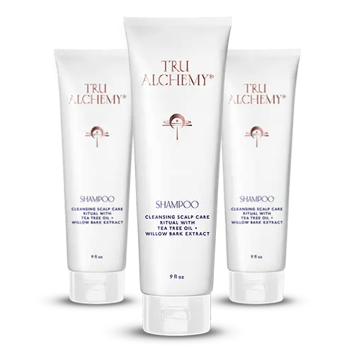 TruAlchemy Shampoo three-pack with cleansing scalp care ritual, tea tree oil and willow bark extract in white tubes