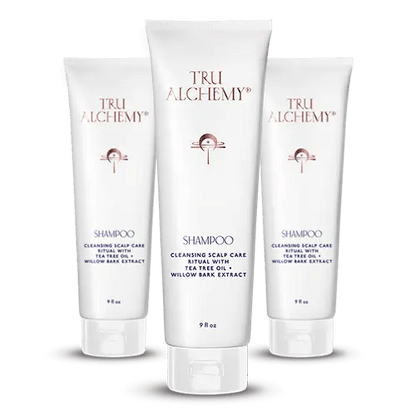 TruAlchemy Shampoo three-pack with cleansing scalp care ritual, tea tree oil and willow bark extract in white tubes