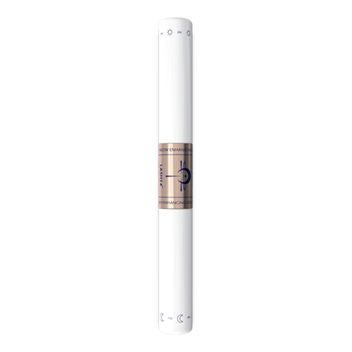 Lash24 brow enhancing serum in white cylindrical tube with bronze-toned label band