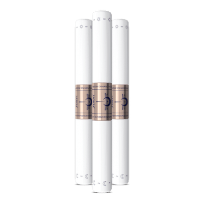Three white Lash24 tubes with rose gold bands arranged vertically