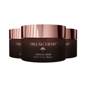 Tru Alchemy Quench Crème jar with rose gold lid and black container, 1.7 oz