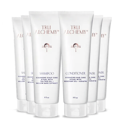 TruAlchemy Shampoo &amp; Conditioner Set with six white tubes arranged in a circle, featuring cleansing scalp care shampoo and