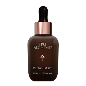 TruAlchemy Retinol Reset serum in dark brown glass bottle with rose gold dropper cap, 1.0 fl oz